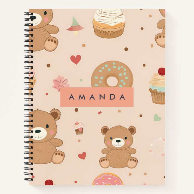 Personalized Pastel Teddy Bear and Donut Dessert Notebook (Front)