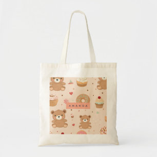 Personalized Pastel Teddy Bear and Donut Dessert Tote Bag