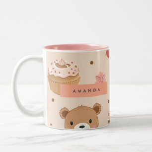 Personalized Pastel Teddy Bear and Donut Dessert Two-Tone Coffee Mug