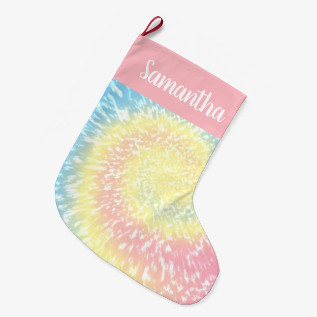 Personalized Pastel Tie Dye Swirl Trendy Teen Large Christmas Stocking (Front (Hanging))