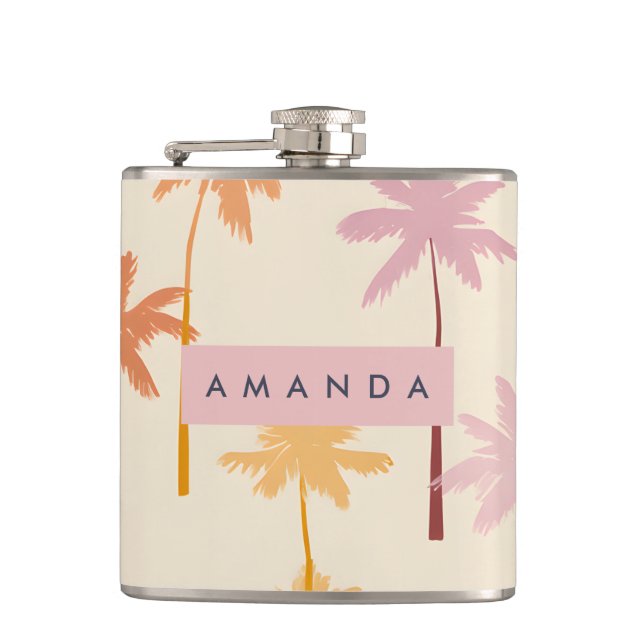 Personalized Pastel Tropical Sunset Palm Tree Flask (Front)