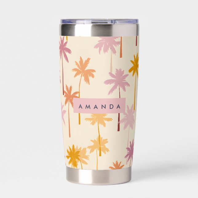 Personalized Pastel Tropical Sunset Palm Tree Insulated Tumbler (Front)