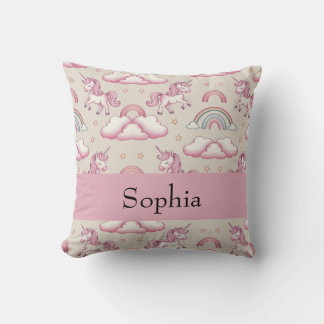 Personalized Pastel Unicorns with Stars & Rainbows Throw Pillow