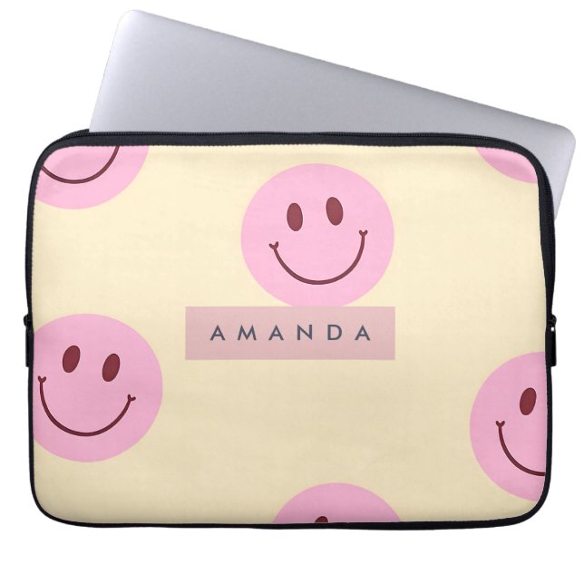 Personalized Pastel Yellow & Pink Smiley Face Laptop Sleeve (Front)