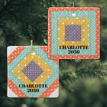 Personalized Patchwork Ceramic Ornament<br><div class="desc">This charming ornament is decorated with a patchwork design.
Easily customizable with your name and year.
Replace the patchwork image with one of your own.
Perfect for your quilting pals!</div>