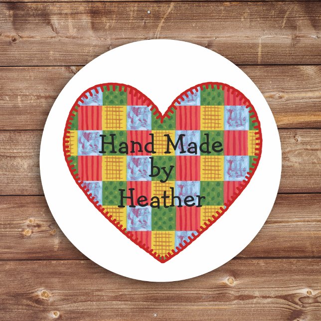 Personalized Patchwork Pattern Hand Made Classic Round Sticker (Personalized patchwork pattern hand made stickers for your hand made goodies.  Country style design.)