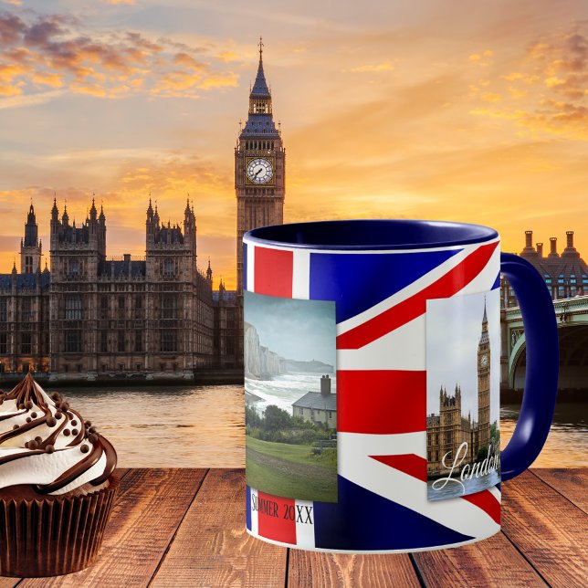 Personalized Patriot UK Flag Photo Mug (Photo mug featuring your own favorite photos framed by an image of the British flag)