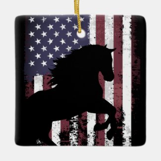 Personalized Patriotic American Flag and Horse Ceramic Ornament