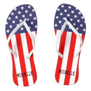 Personalized patriotic American flag flip flops