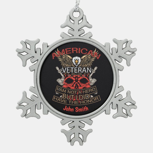 Personalized Patriotic American Veteran  Snowflake Pewter Christmas Ornament (Front)