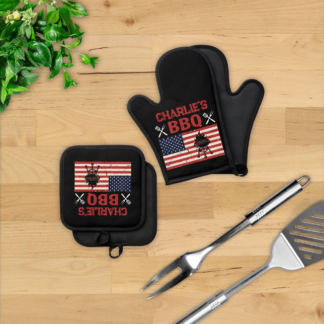 Personalized Patriotic BBQ Grill  Oven Mitt & Pot Holder Set (Creator Uploaded)