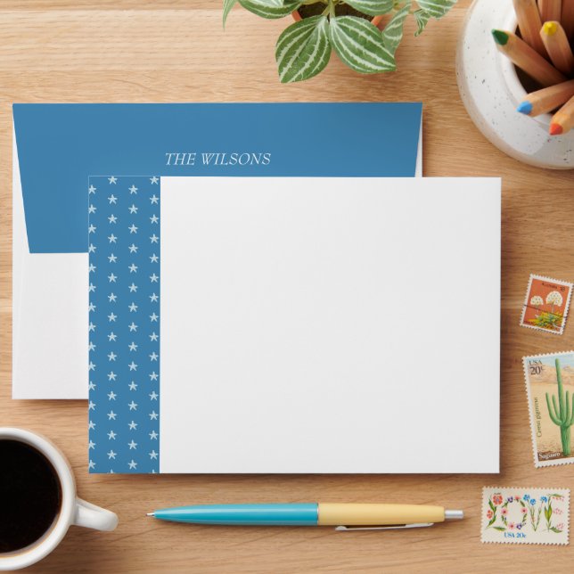 Personalized Patriotic Blue Stars Watercolor Envelope (Desk)