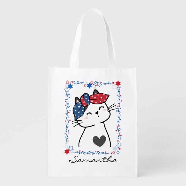 Personalized Patriotic Cat Grocery Bag (Front)