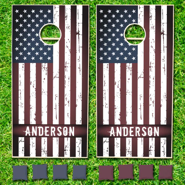 Personalized Patriotic Family Name American Flag Cornhole Set 