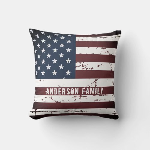 Personalized Patriotic Family Name American Flag Throw Pillow