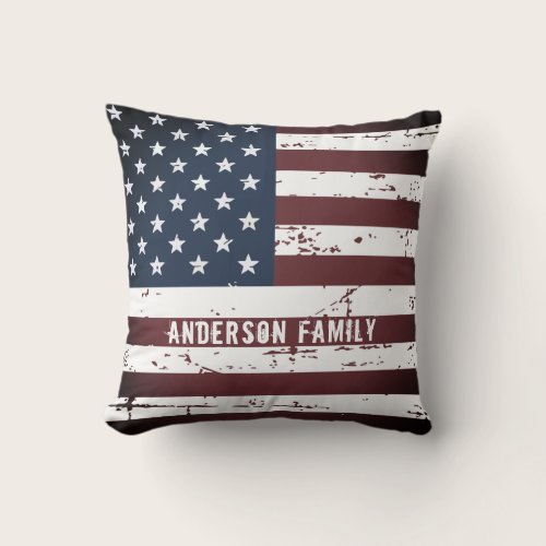 Personalized Patriotic Family Name American Flag Throw Pillow