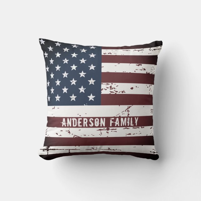 Personalized Patriotic Family Name American Flag Throw Pillow (Front)