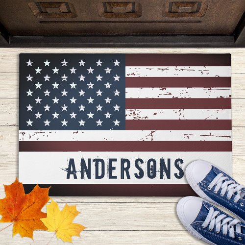 Personalized Patriotic Name USA American Flag Doormat