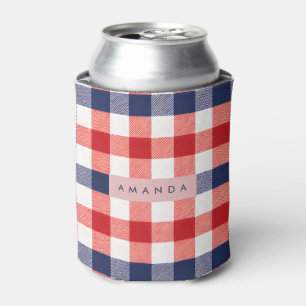 Personalized Patriotic Red, White & Blue Gingham Can Cooler