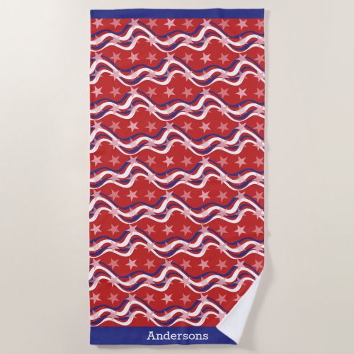 Personalized Patriotic Red White Blue Stars Stripe Beach Towel