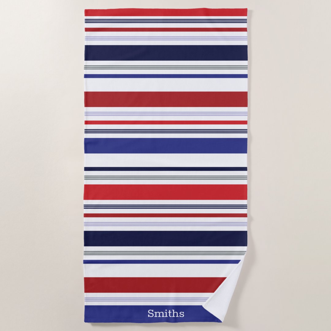 Personalized Patriotic Red White Blue Stripe Beach Towel Zazzle