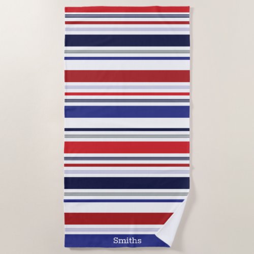 Personalized Patriotic Red White Blue Stripe Beach Towel