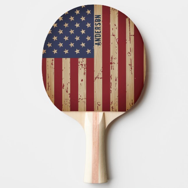 Personalized Patriotic Rustic Wood American Flag Ping Pong Paddle (Front)