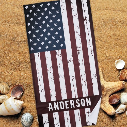Personalized Patriotic Stars Stripes American Flag Beach Towel