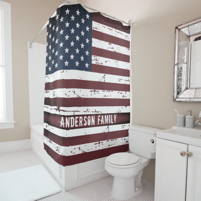 Personalized Patriotic Stars Stripes American Flag Shower Curtain (In Situ)