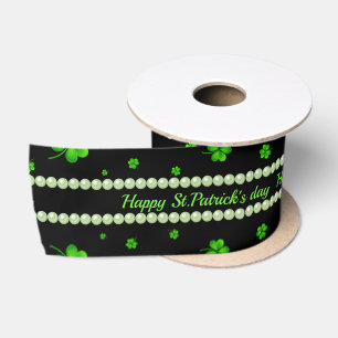 Personalized Pattern of green shamrocks with pearl Satin Ribbon