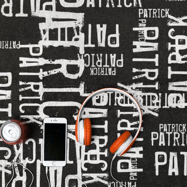 Personalized Pattern Typography Names on Black Beach Towel (modern pattern of white names on black background)