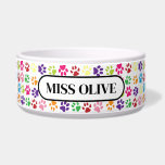 Personalized Paw Pattern Bowl<br><div class="desc">Super cute and modern little print featuring animal paws of all colors. Great for pet lovers and pet parents, or a vets office or groomer. Lots of options because you can change out the text to anything! Your dog or cat's name, a cute pet saying like 'woof' or 'meow', 'princess',...</div>