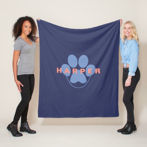 Personalized Paw Print Navy Blue Pet Fleece Blanket