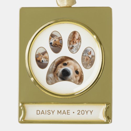 Personalized Paw Print Pet Name Year Photo Collage Gold Plated Banner Ornament