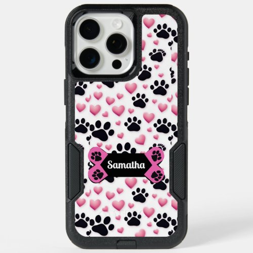 Personalized Paw Print with pink hearts iPhone 15 Pro Max Case