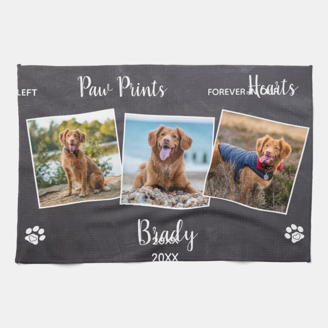 Personalized Paw Prints Hearts Photo Pet Memorial Kitchen Towel (Horizontal)