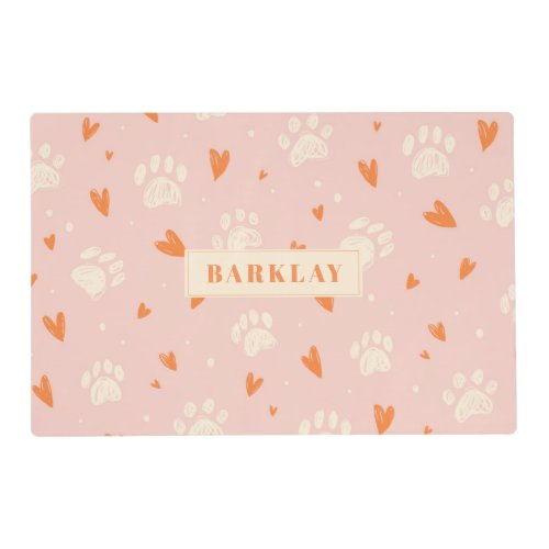 Personalized Paws and Orange Love Hearts Pattern Placemat