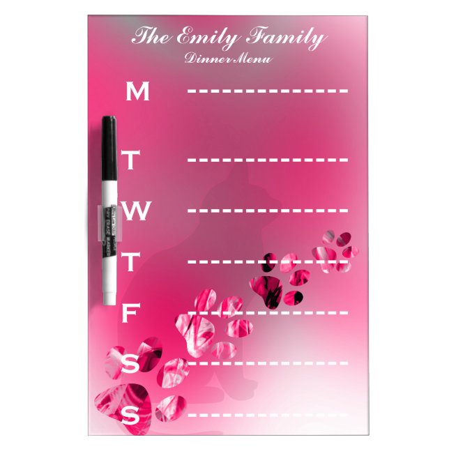 Personalized Paws Animal Bright Pink Dinner Menu Dry-Erase Board (Front)