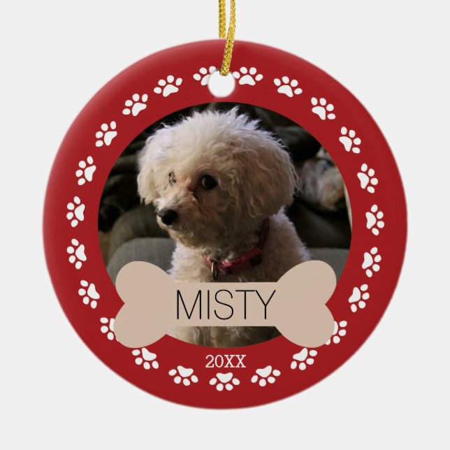 Personalized Paws & Bone Photo Dog Ornament (Front)