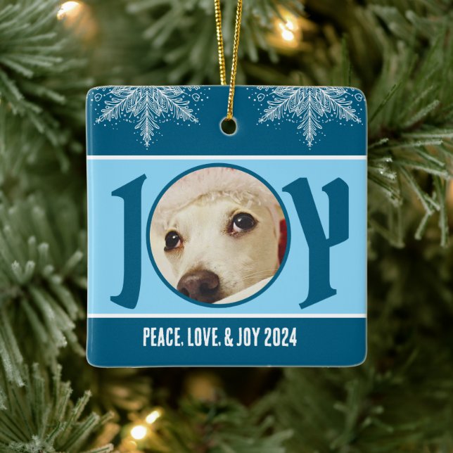 Personalized Peace Love and Joy 2024 Snowflake Ceramic Ornament (Tree)
