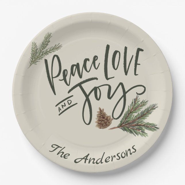 Personalized Peace, Love and Joy Holiday Paper Plates (Front)