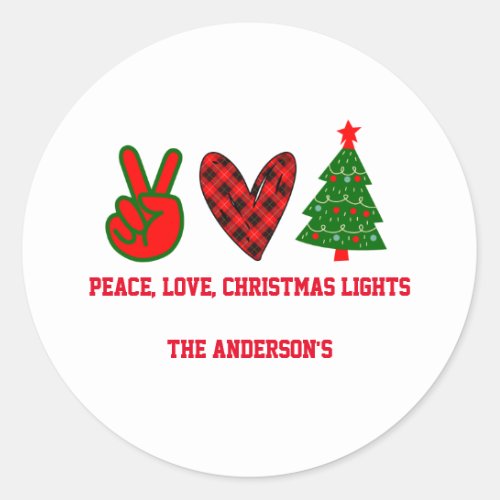 Personalized Peace Love Christmas Lights Green Red Classic Round Sticker