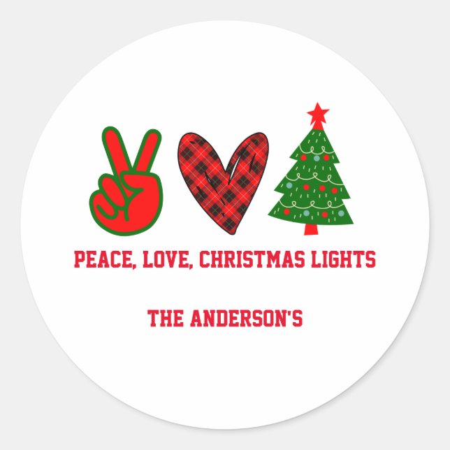 Personalized Peace Love Christmas Lights Green Red Classic Round Sticker (Front)