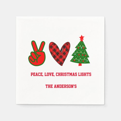 Personalized Peace Love Christmas Lights Green Red Napkins