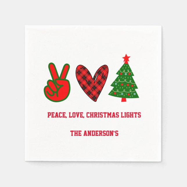 Personalized Peace Love Christmas Lights Green Red Napkins (Front)