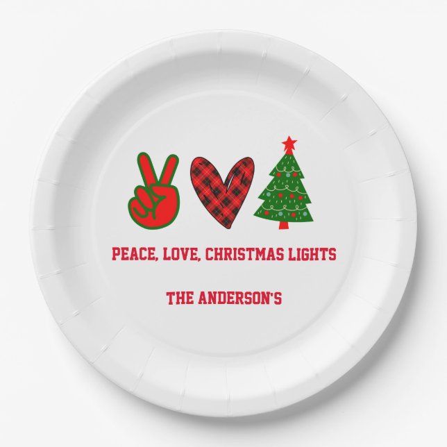 Personalized Peace Love Christmas Lights Green Red Paper Plates (Front)