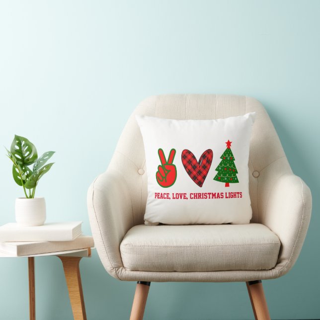 Personalized Peace Love Christmas Lights Red Green Throw Pillow (Chair)