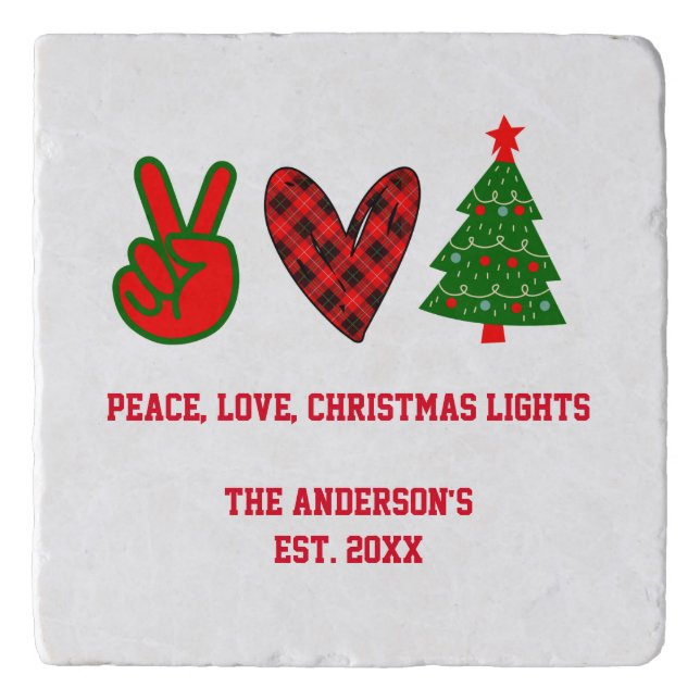 Personalized Peace Love Christmas Lights Red Green Trivet (Front)