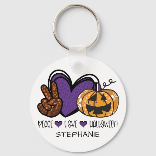 Personalized Peace Love Halloween Jack o Lantern Keychain