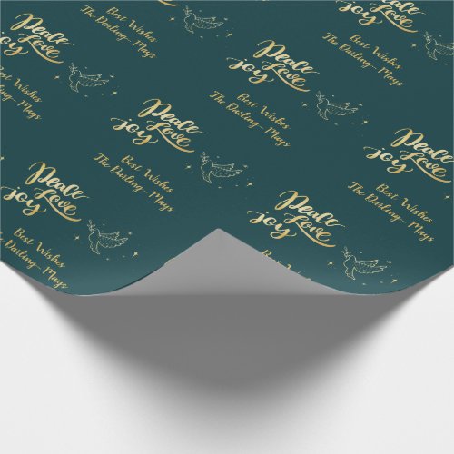 Personalized Peace Love Joy Green  Gold Christmas Wrapping Paper